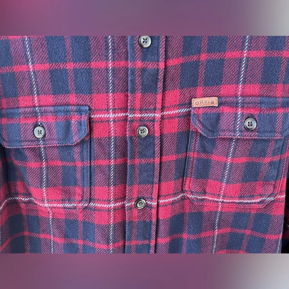 Orvis Big Bear Heavyweight Flannel Plaid Shirt Red Blue Sangria Cotton Men's M